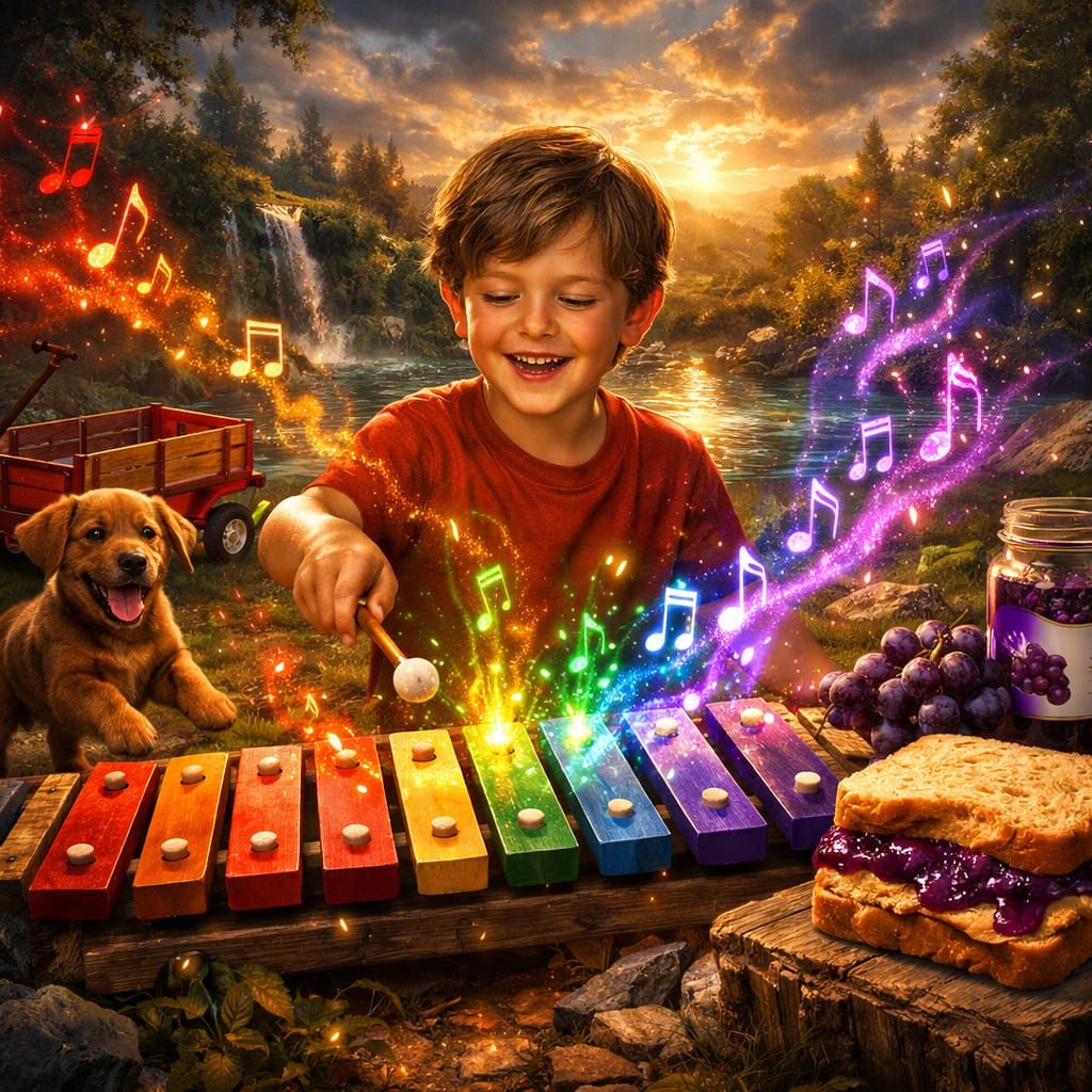 Happy Boy Plays Colorful Xylophone, Notes Manifest