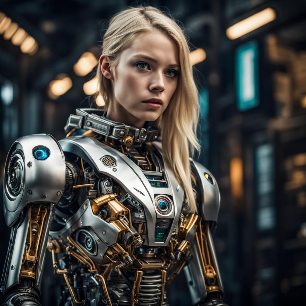 Hyperrealistic Blonde Girl Dressed as Robot