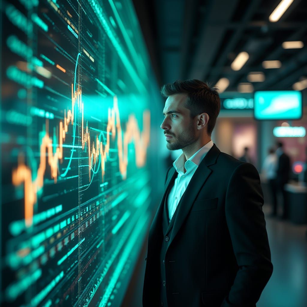 Cyberpunk Trader in Neon-Lit Hub