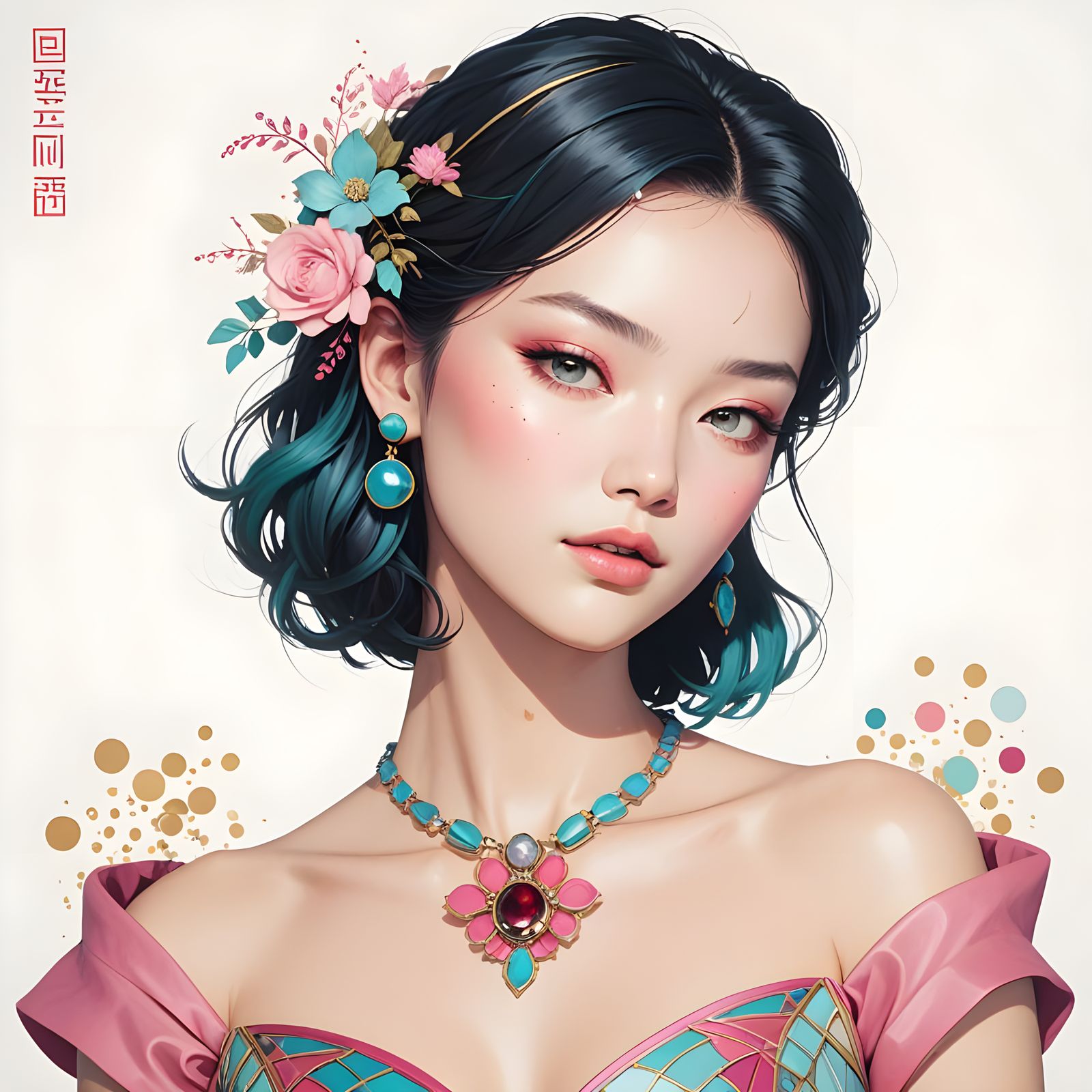 Whimsical Pastel Portrait with Geometric Bauhaus Elements