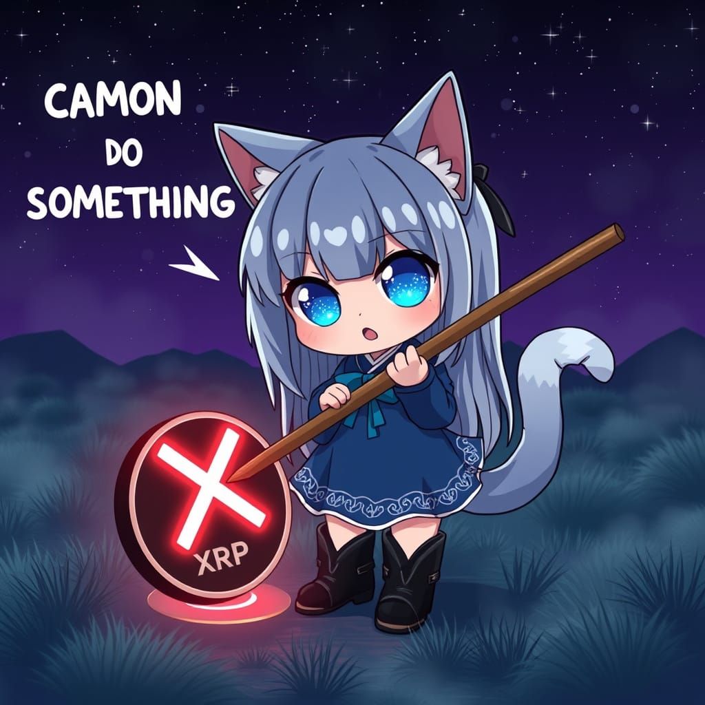 Anime Catgirl Bullies XRP Coin in Synthwave Style