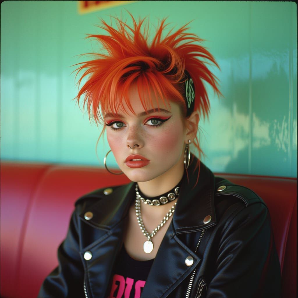 1980s Valley Girl with Punk Hair in Cinematic Style