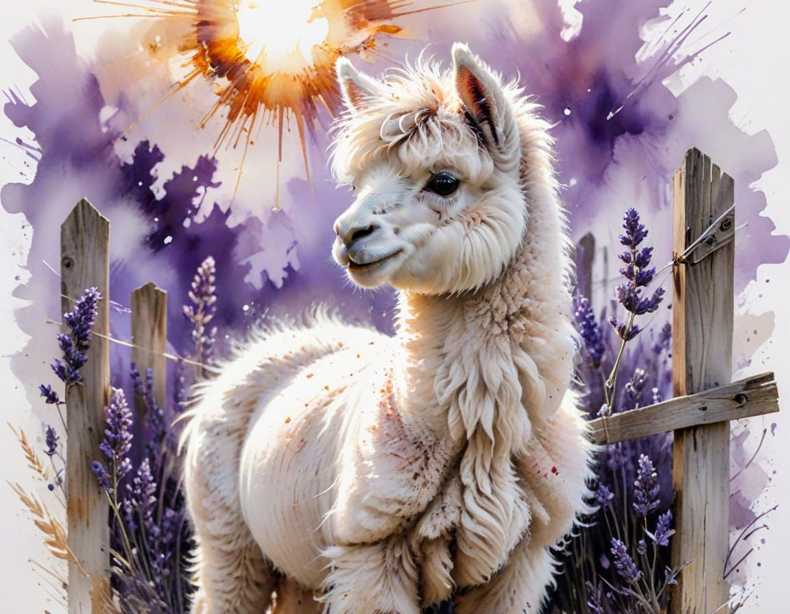 Fluffy Alpaca Cria with Lavender, Watercolor Art