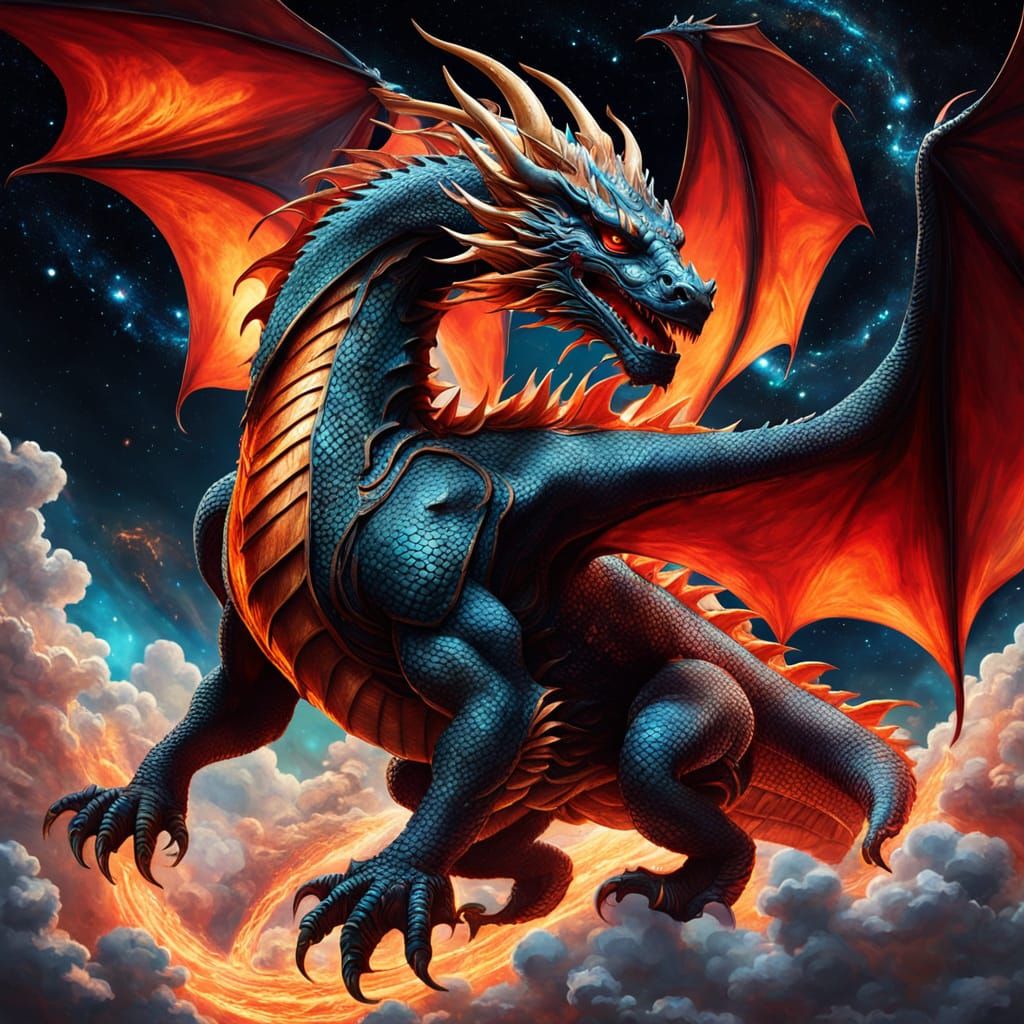 Celestial Dragon Soaring Through Cosmos, Hyperrealistic Art