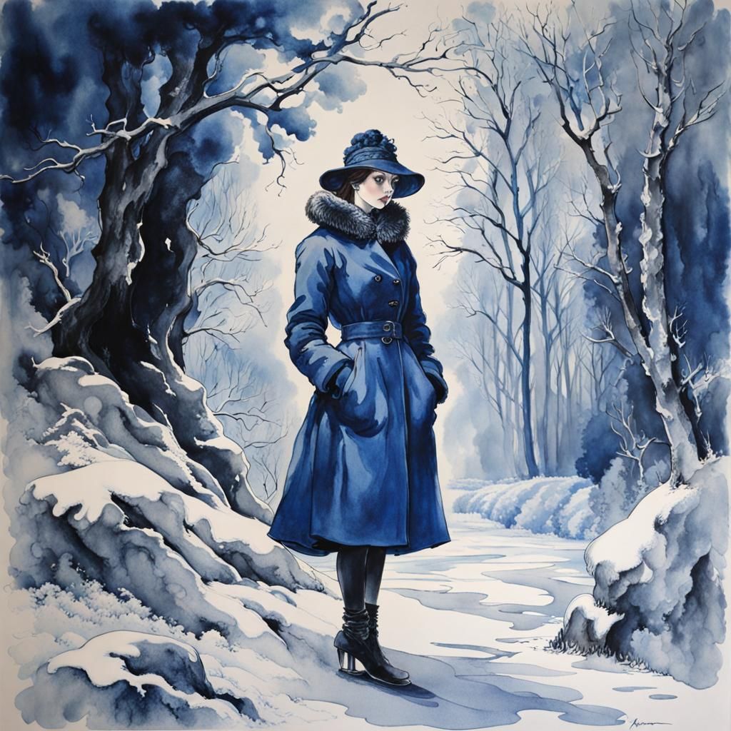Blue Monochromatic Winter Portrait in Ink Wash Style