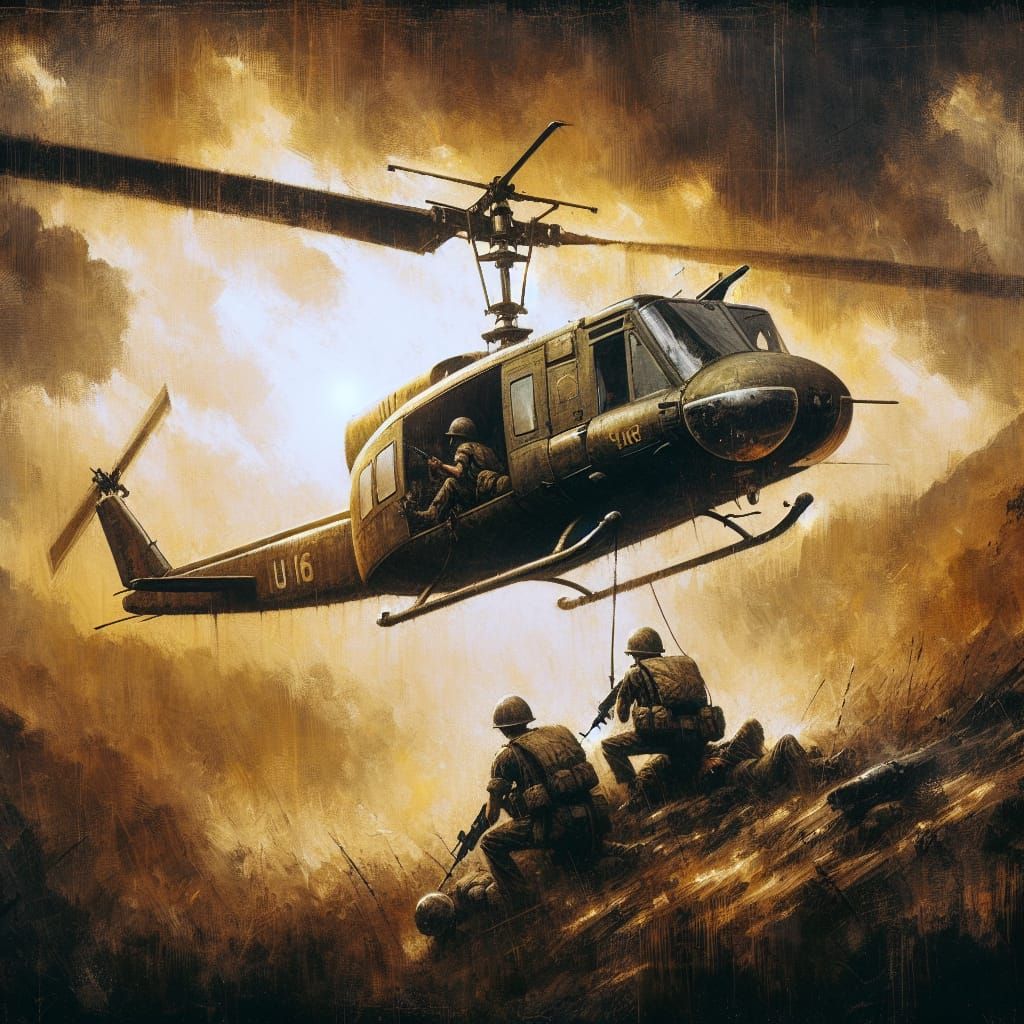 Vietnam War UH1 Huey Helicopter in Heroic Oil Painting