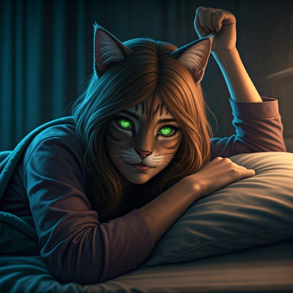Student Catgirl with Glowing Eyes Waking Up