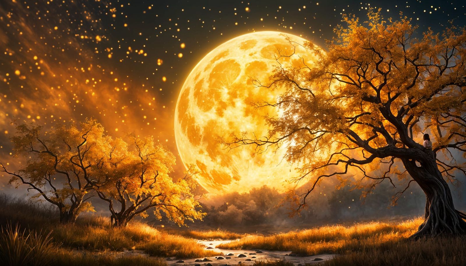 Golden Supermoon Over Autumn Trees With Lone Figure