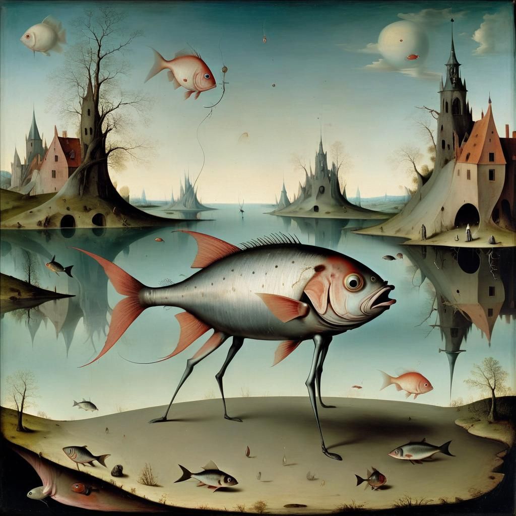 Fish Walks in Surreal World: Bosch-Inspired Art
