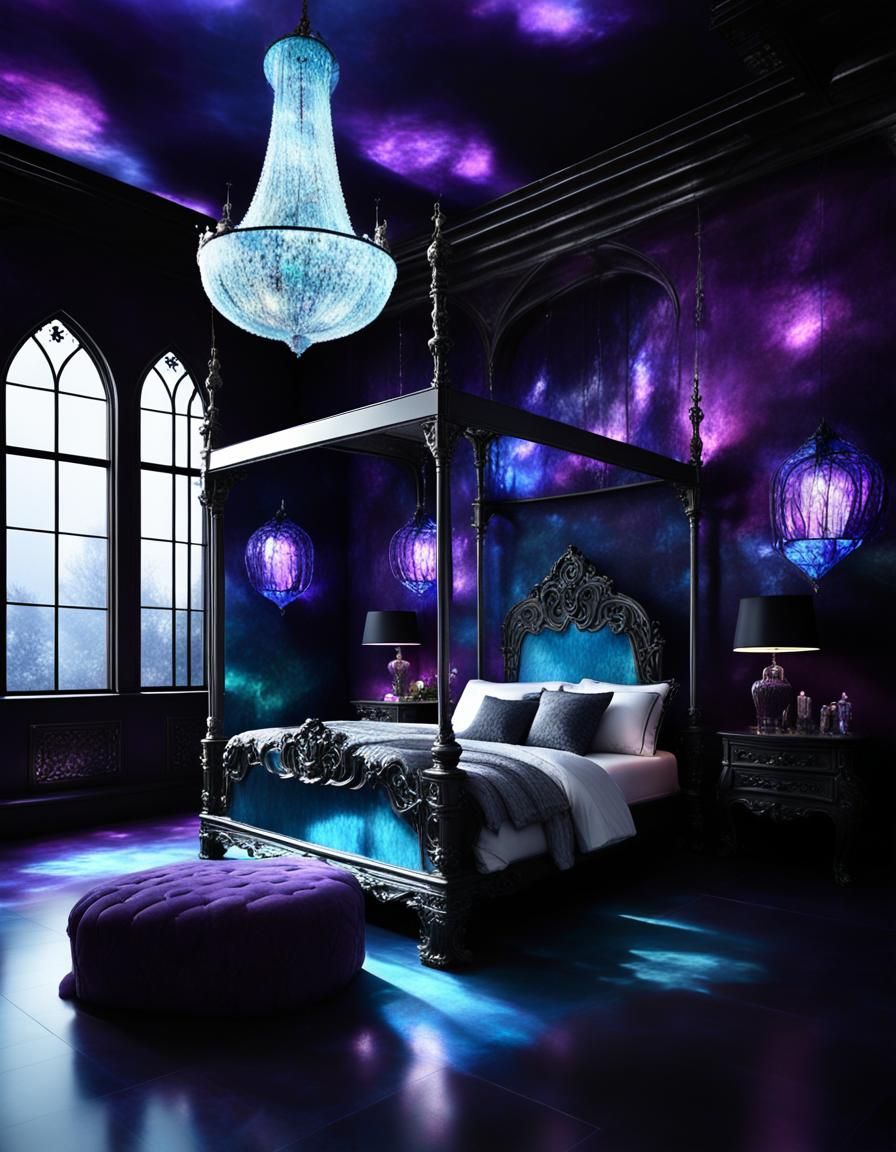 Ethereal gothic bedroom with purple labradorite walls with b...