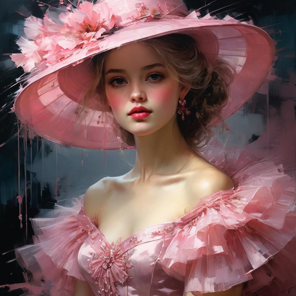 Woman in Pink Tulle Hat: Detailed Fine Art Portrait