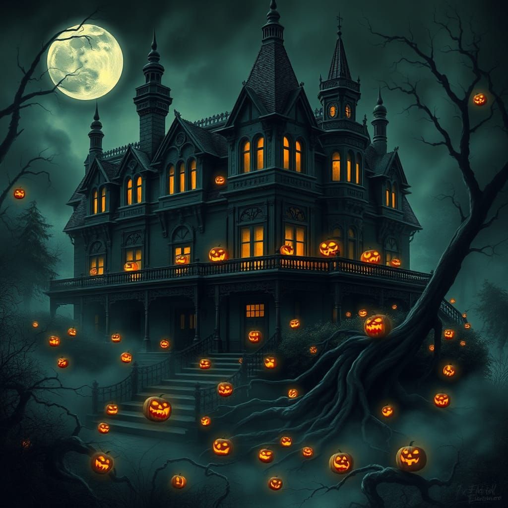 Eerie Victorian Mansion Aglow with Jack-o'-Lanterns