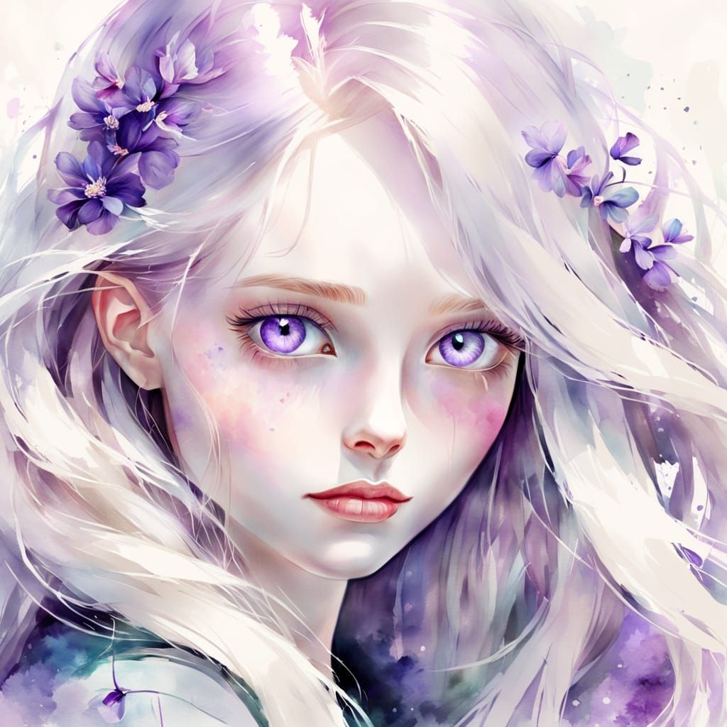 Watercolor Portrait of a Girl with White Hair and Violet Eye...