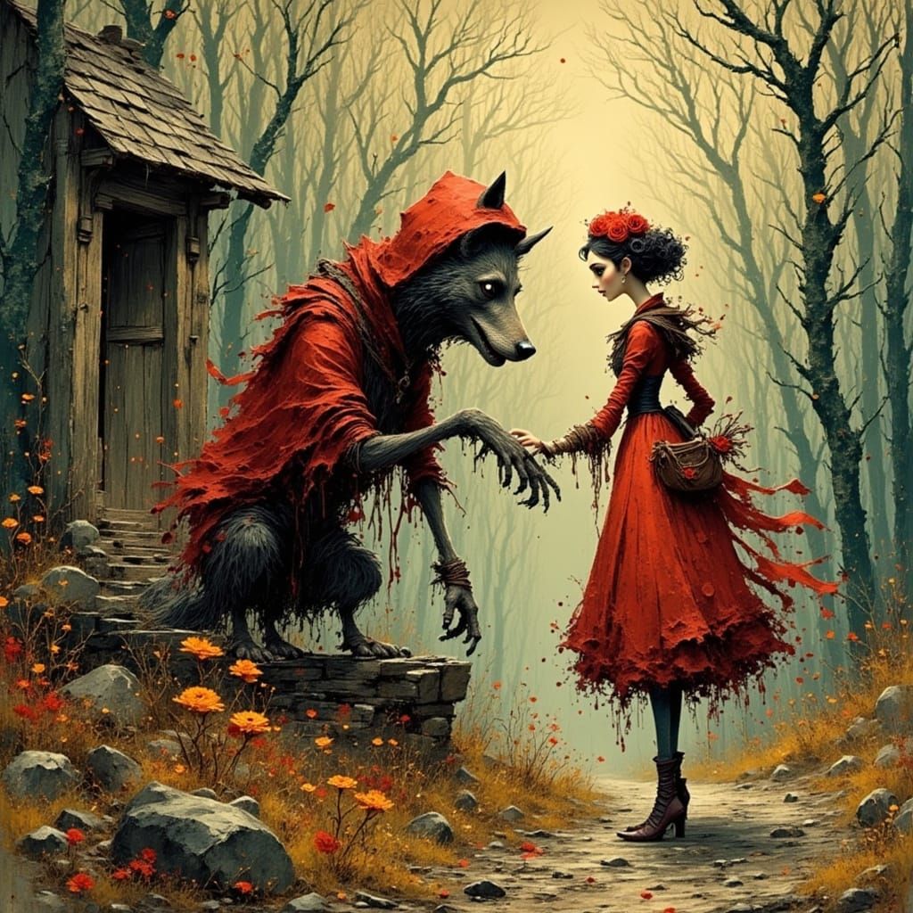 Red Riding Hood and Wolf Lover in Romantic Encounter