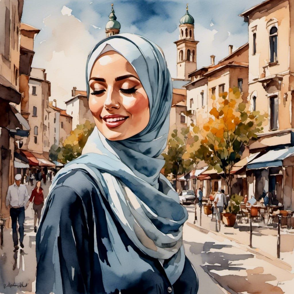 European Woman in Hijab Walking in City, Oil-Guache Style