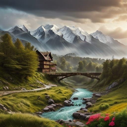 Hyperrealistic Spring Landscape with Waterfall at Sunrise