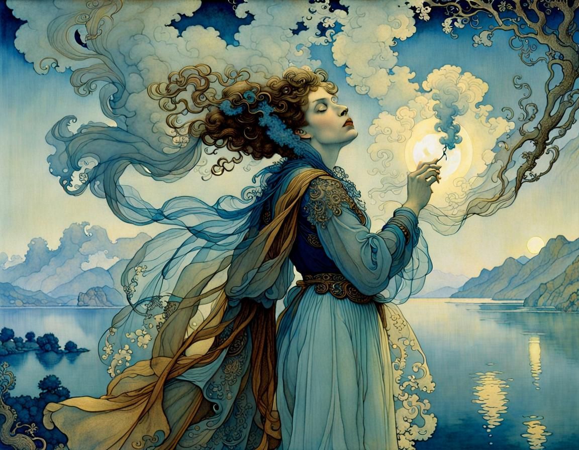 Ethereal Moonlit Lady in Arthur Rackham Style
