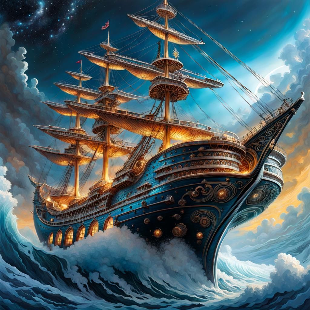 Whimsical Cosmic Ship in Hyperdetailed Fantasy Art