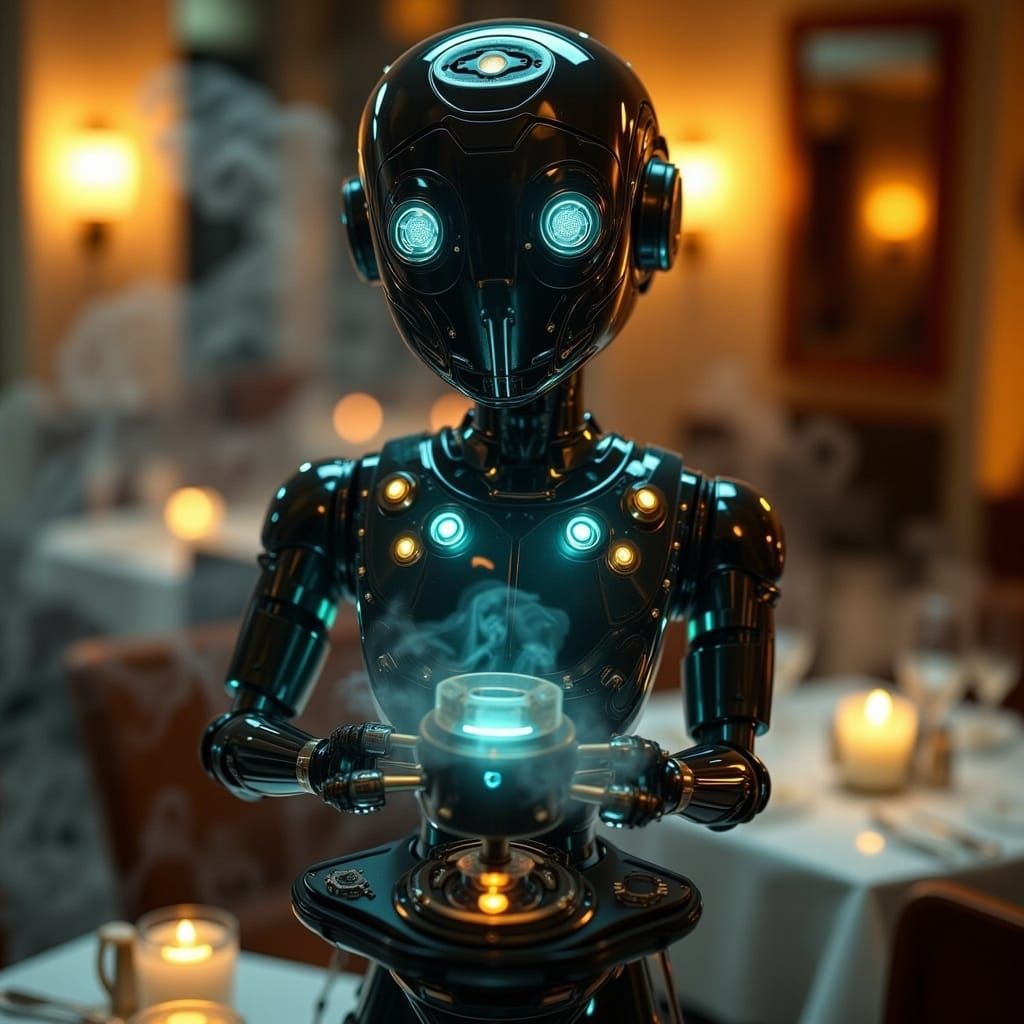 Cybernetic Robot Waiter at a Fancy Restaurant