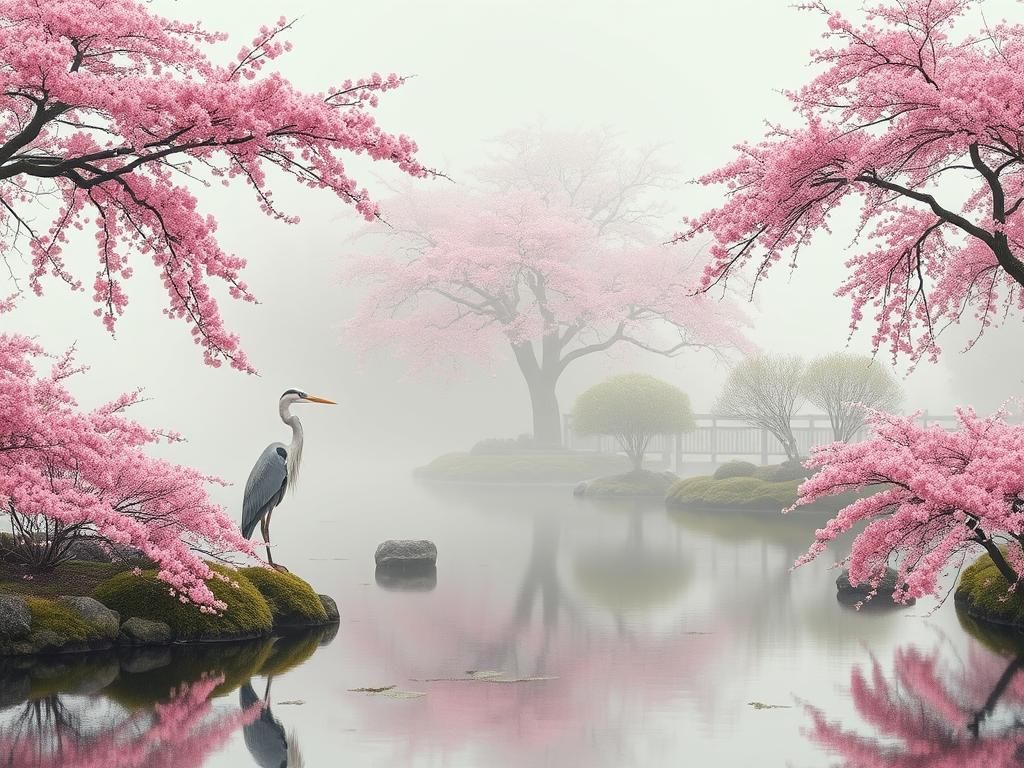 Heron in Japanese Garden with Cherry Blossoms