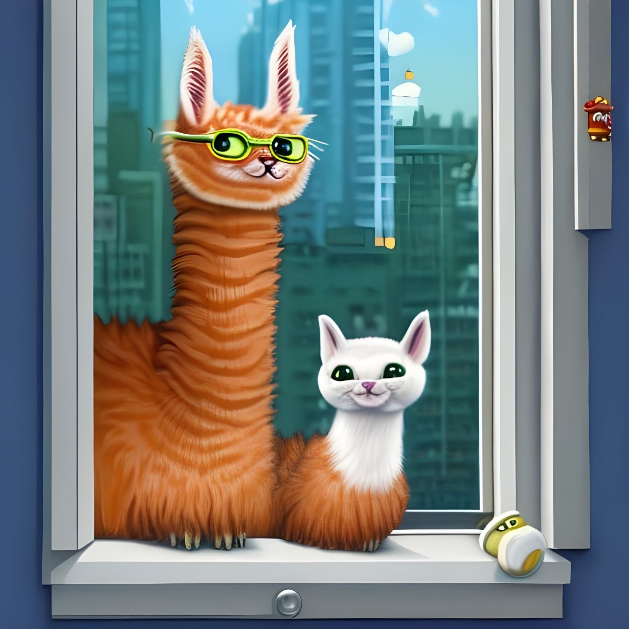 Llama-Kitten Hybrid Lounging in Window, 3D Portrait