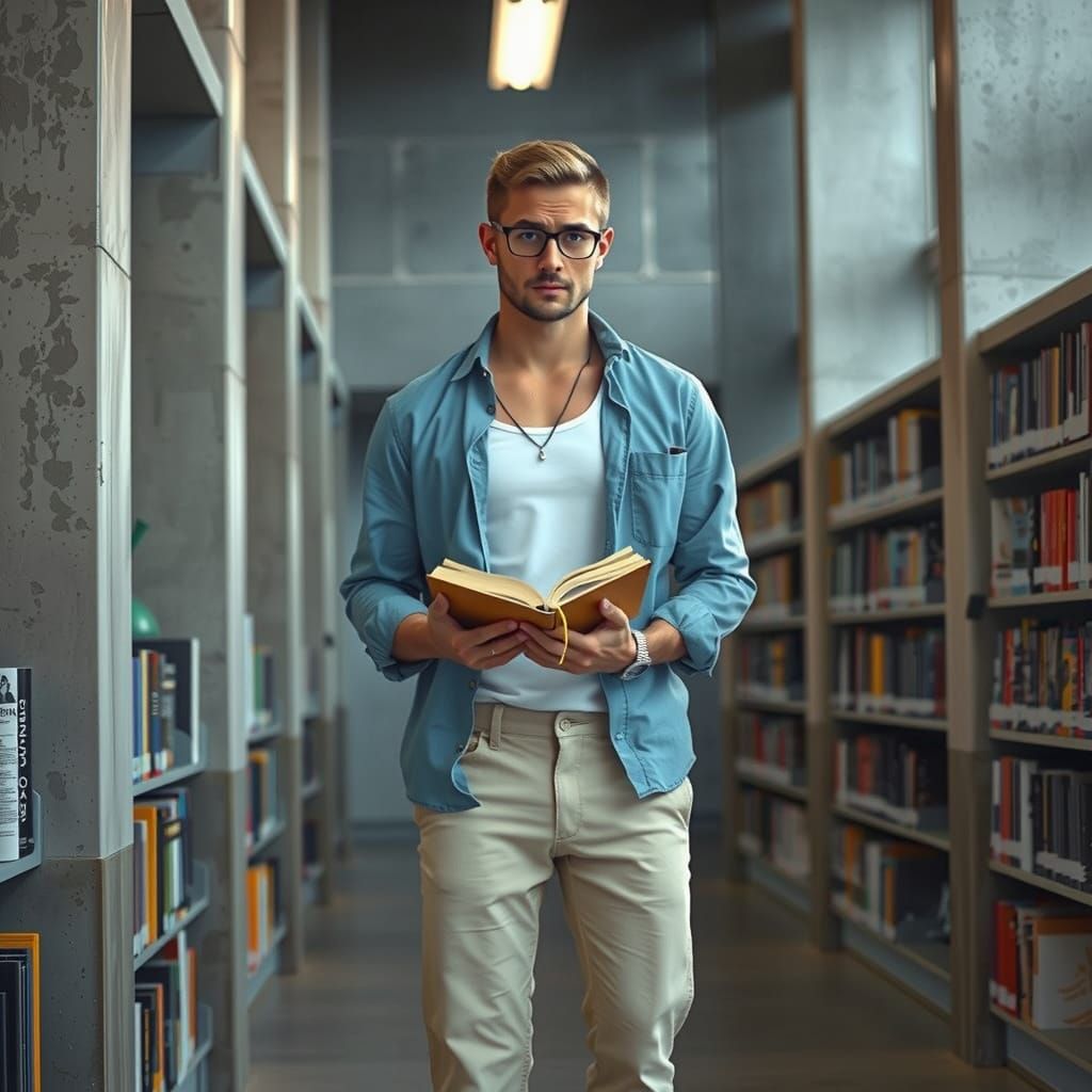 Man with Silver Chain in Brutalist Library