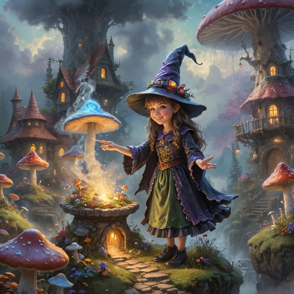 Happy Witch Casting Spell in Mushroom Landscape