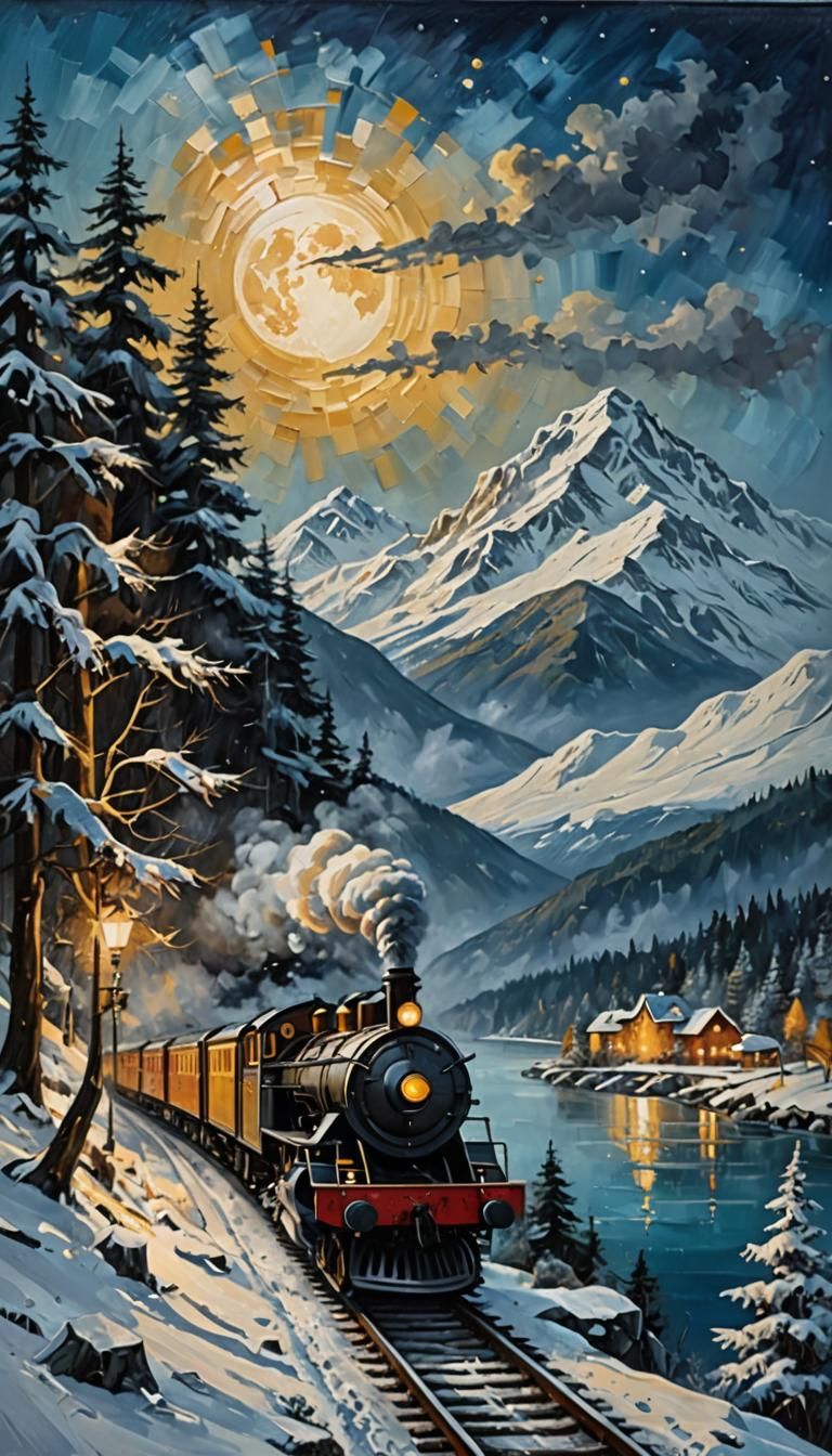 Snowy Mountain Train in Golden Light: Oil Painting