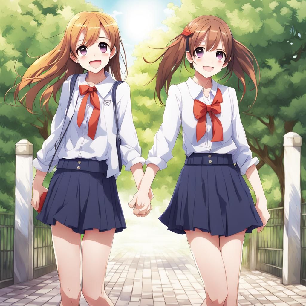 Happy Anime Best Friends Holding Hands