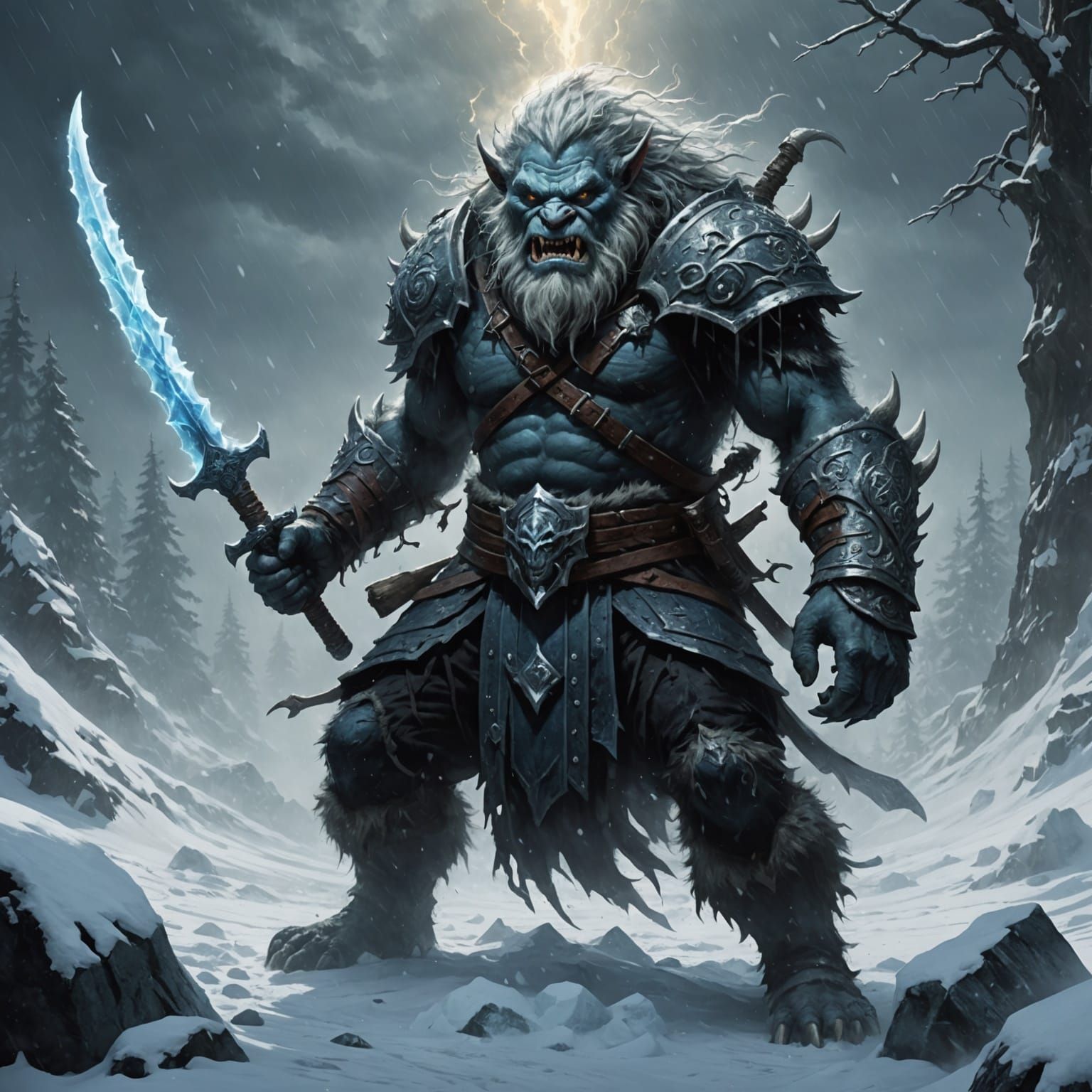 Celestial Storm Troll Wields Ice Katana in Norwegian Horror