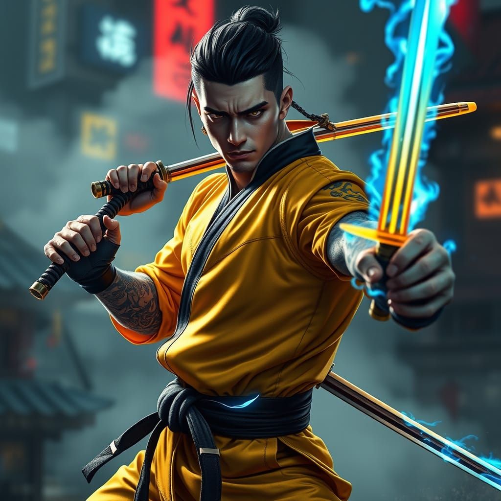 Powerful Martial Artist with Radiant Katana in Anime Realism
