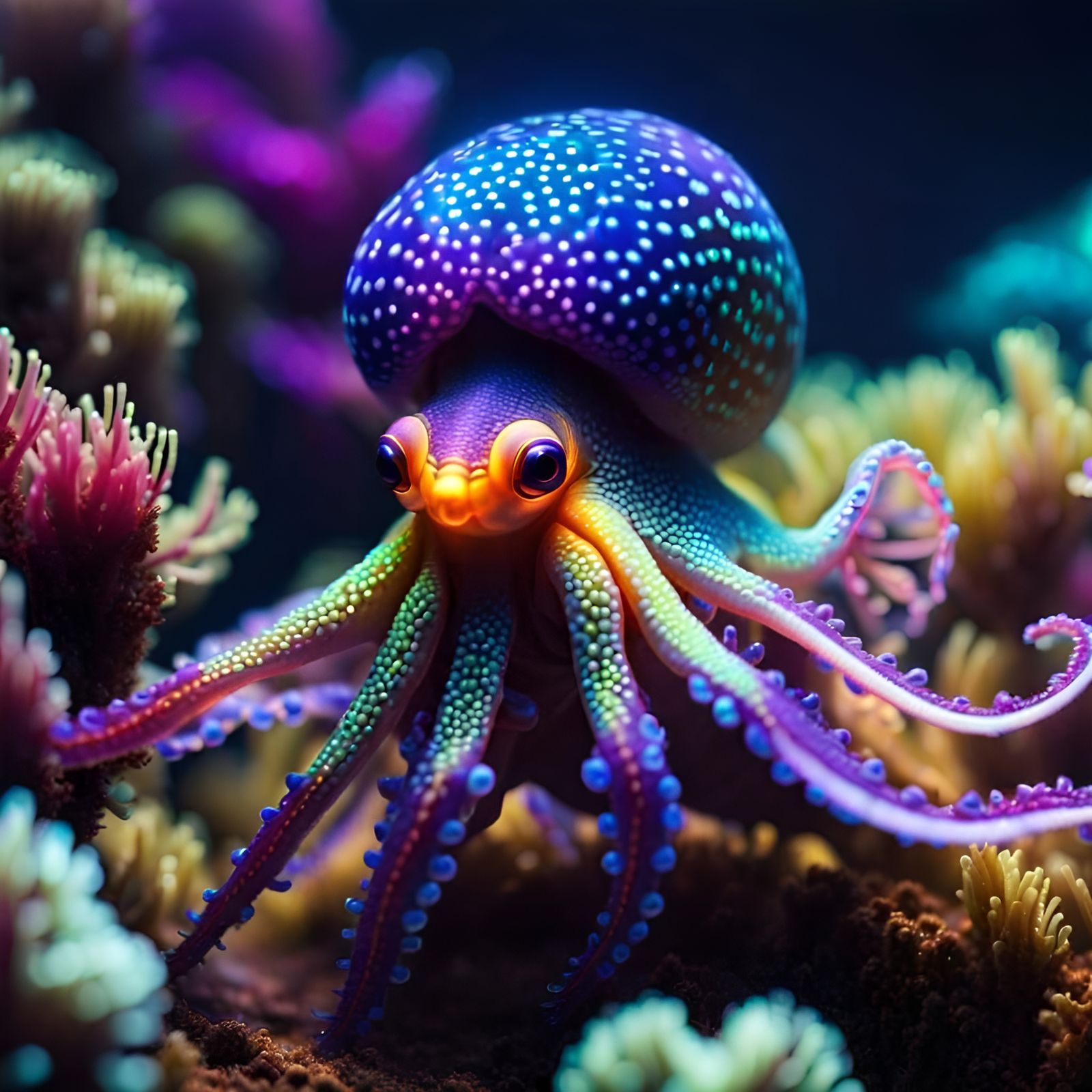 Luminous Iridescent Bobtail Squid in Cool Colors