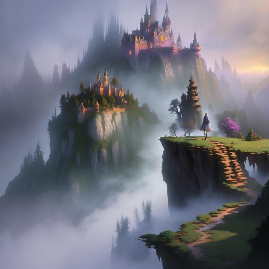 Ethereal Fantasy: Sensual Girl on Cliff in Luminism Style