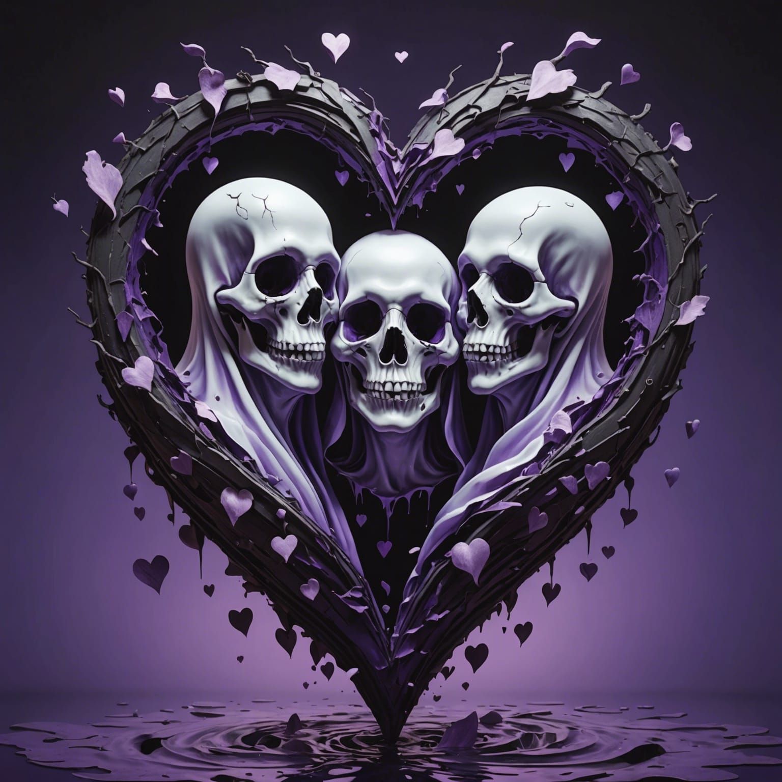 Two Ghost floating together through broken  hearts purple  /...