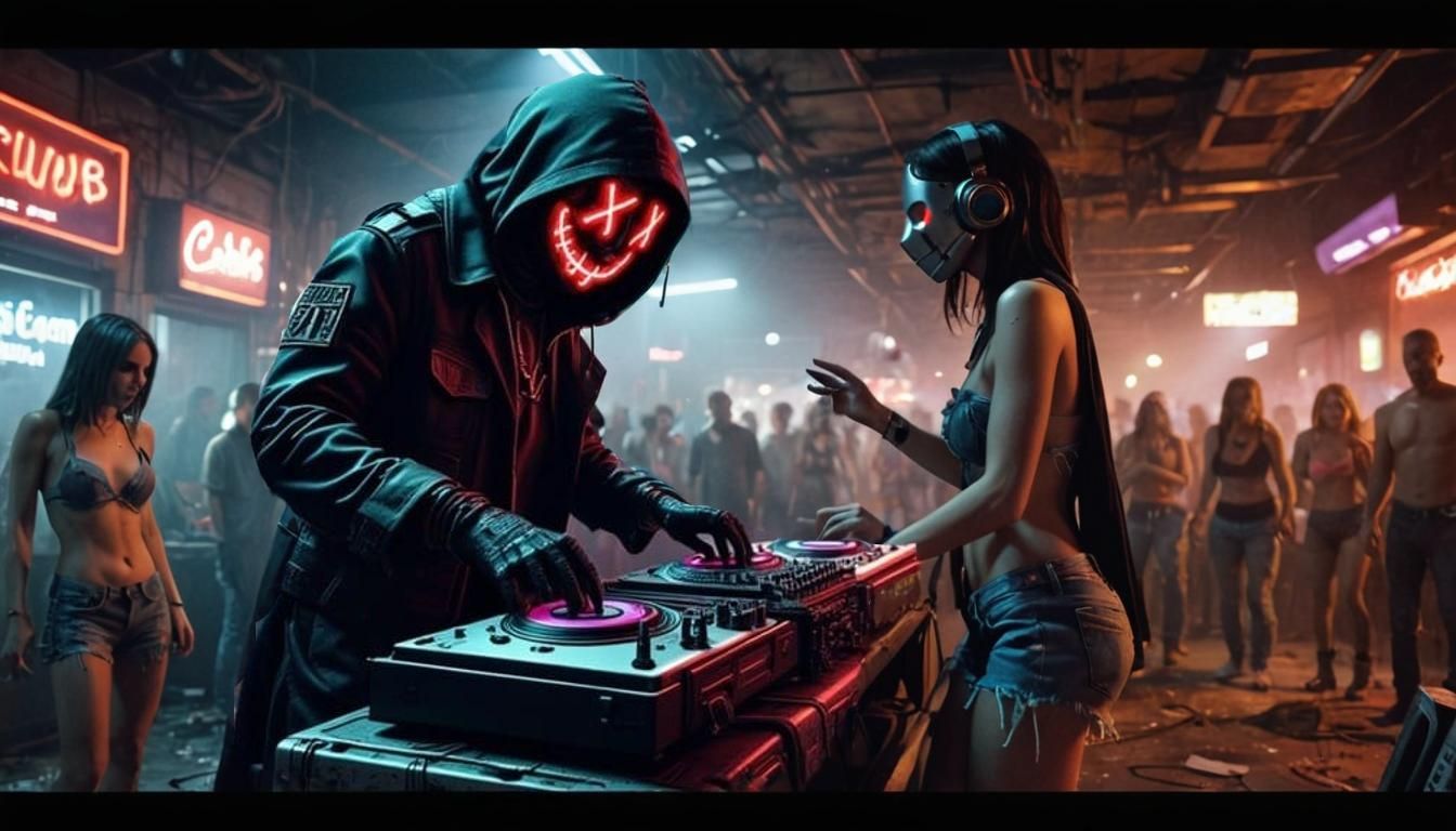 Cyberpunk Hooded Figure in Gritty Nightclub Scene