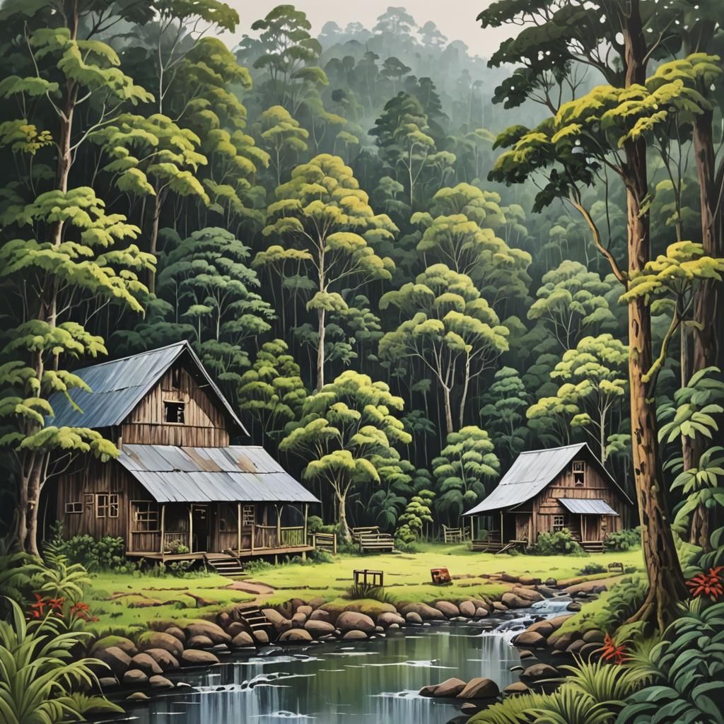 Rustic Rainforest Retreat in Vibrant Gouache