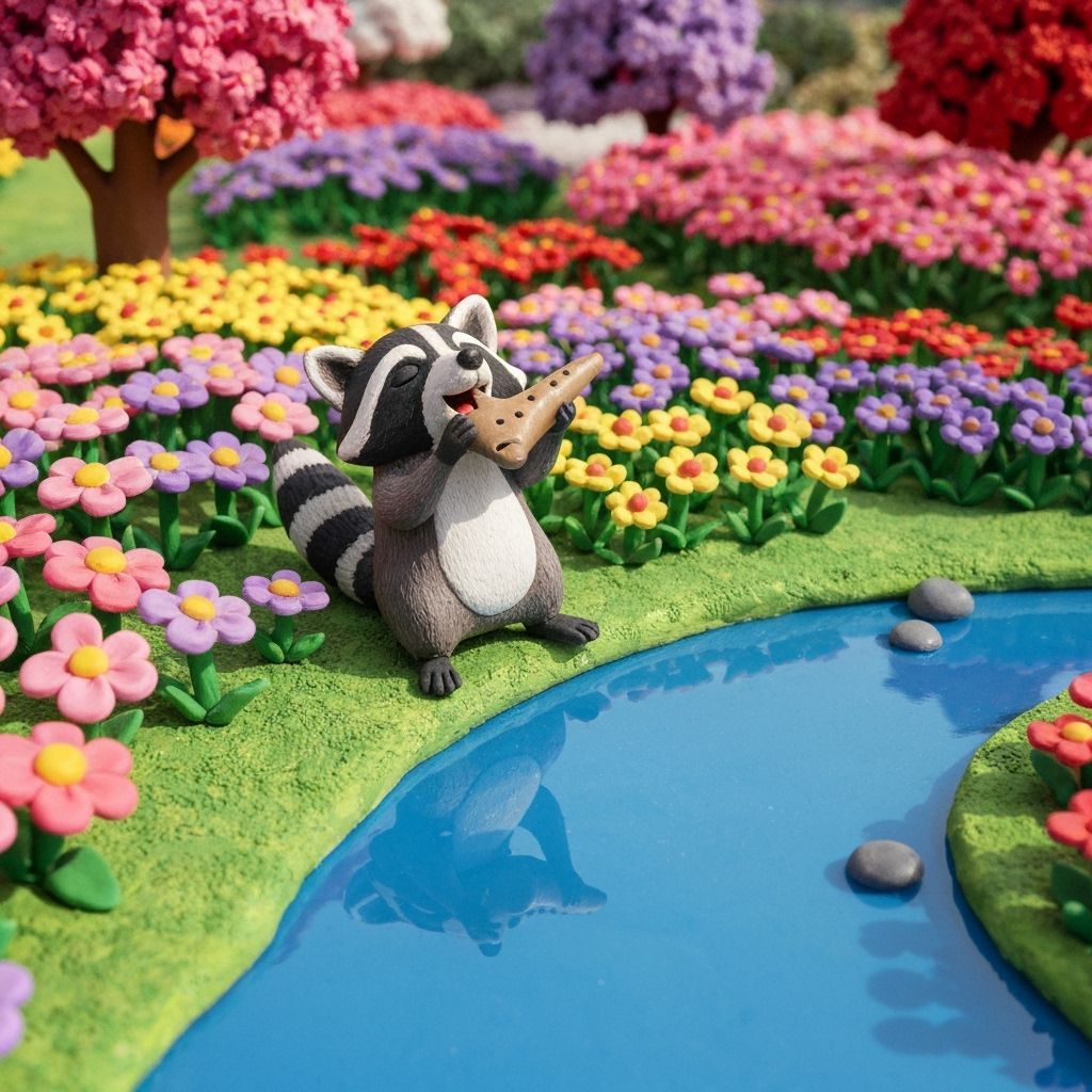 Raccoon's Joyful Ocarina Performance in Clay Diorama