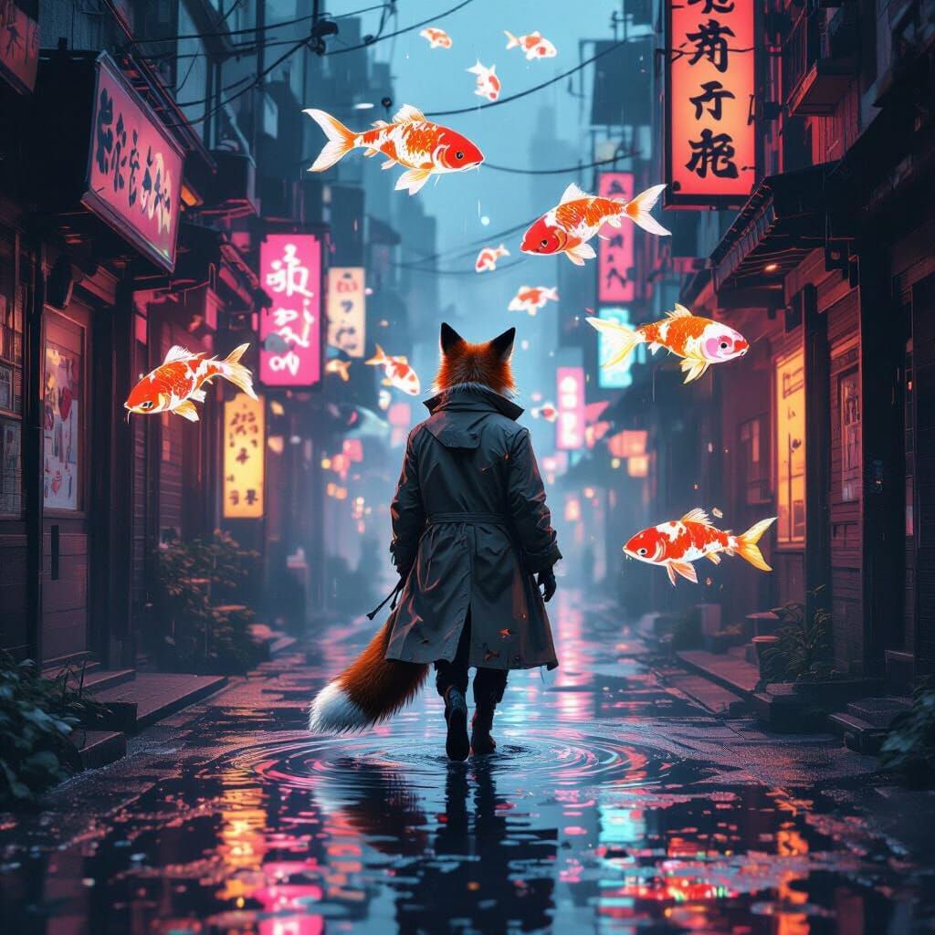 Cyberpunk. Medium shot. A lone fox wearing a tattered trench...