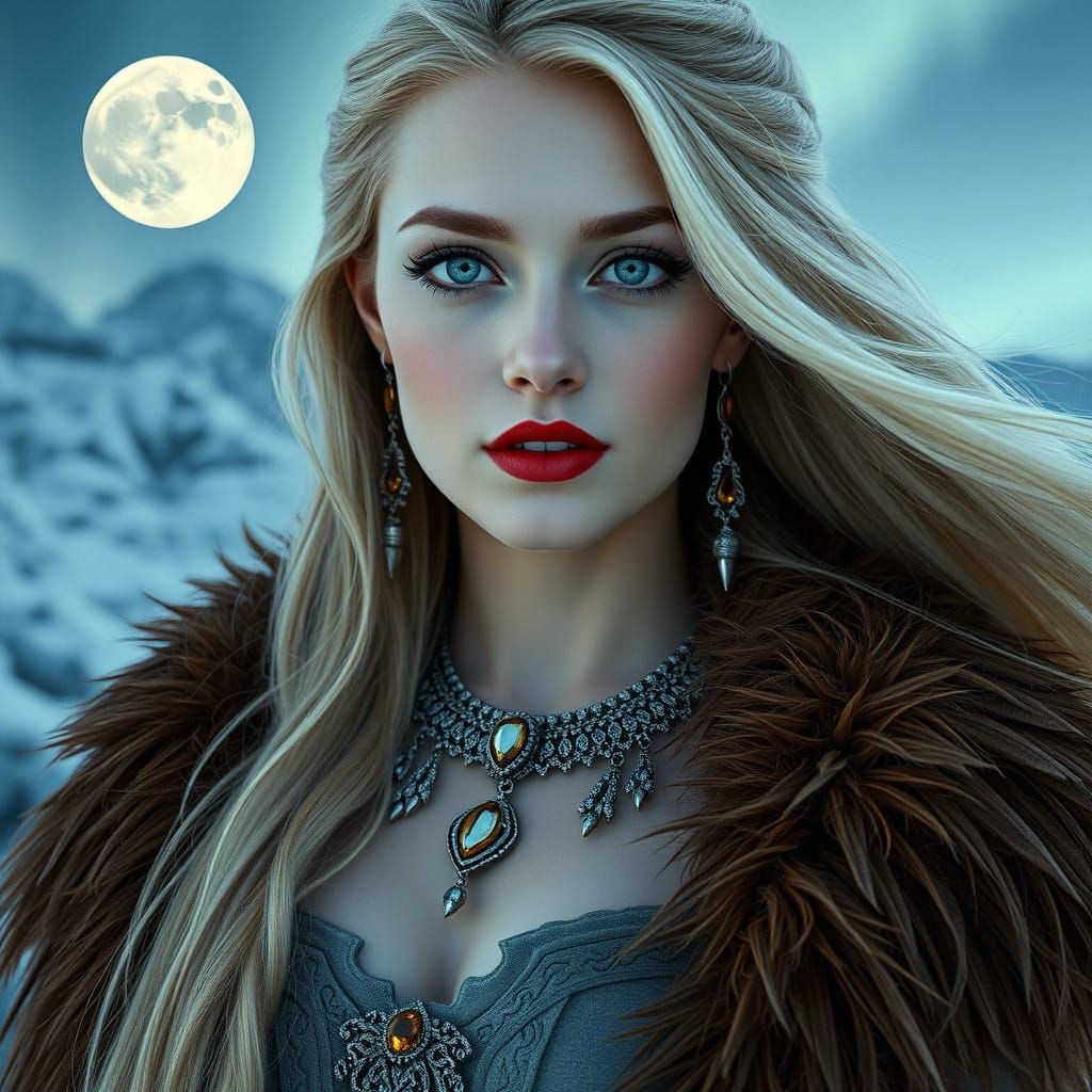 Goddess in Snowy Mountains with Aurora Borealis