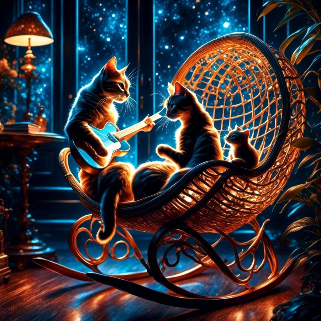 Bioluminescent Kittens Play Around Rattan Rocking Chair