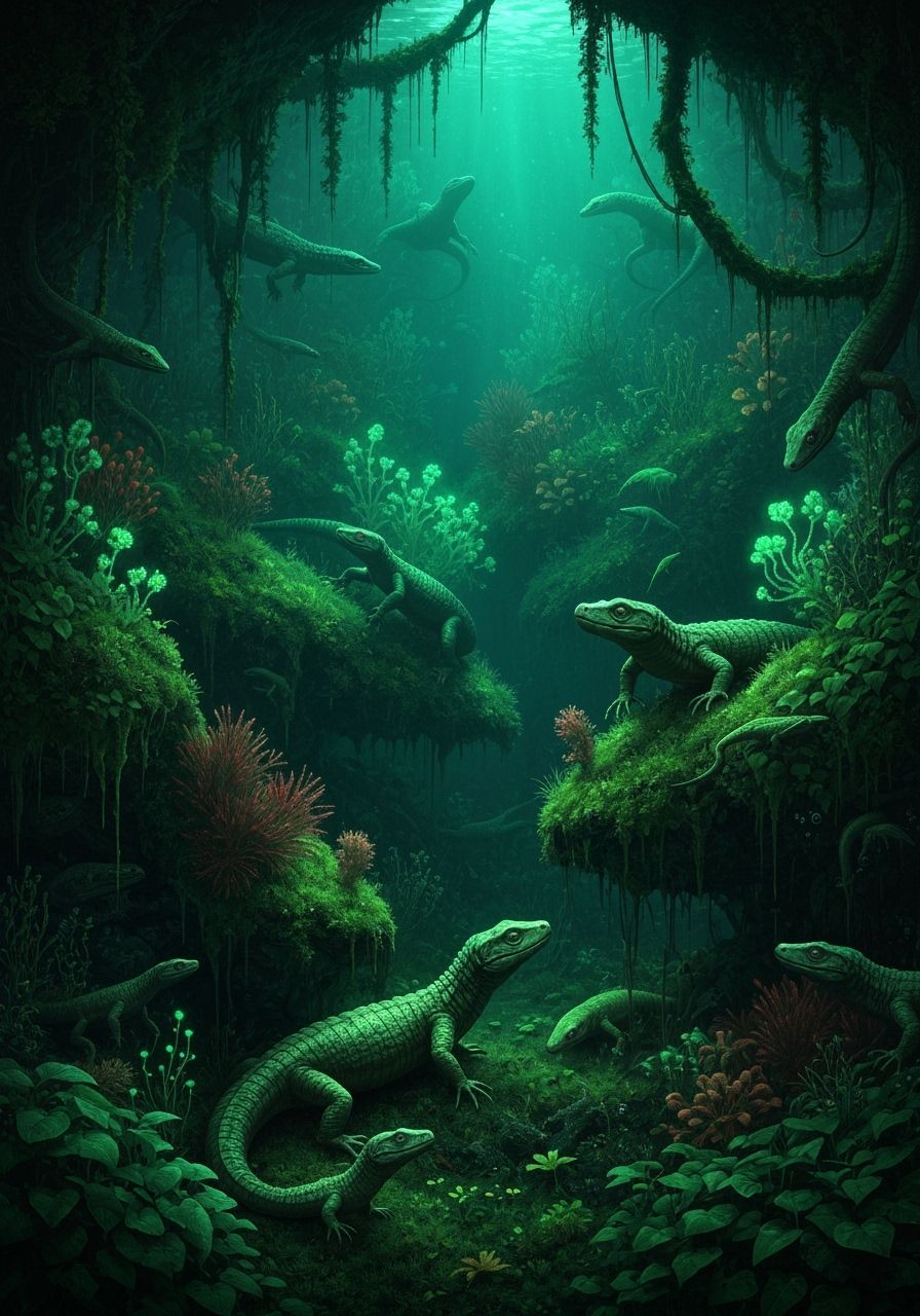 Dreamlike Nightmarish Aquarium with Reptiles and Creatures