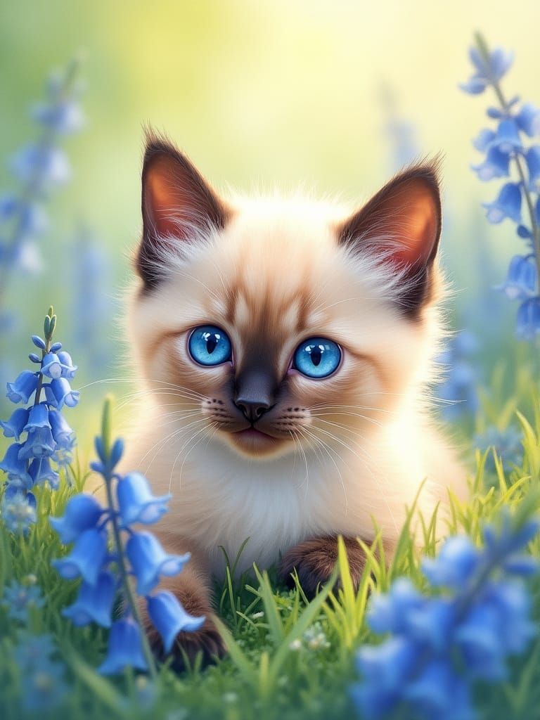 Whimsical Watercolor Siamese Kitten in Bluebell Field