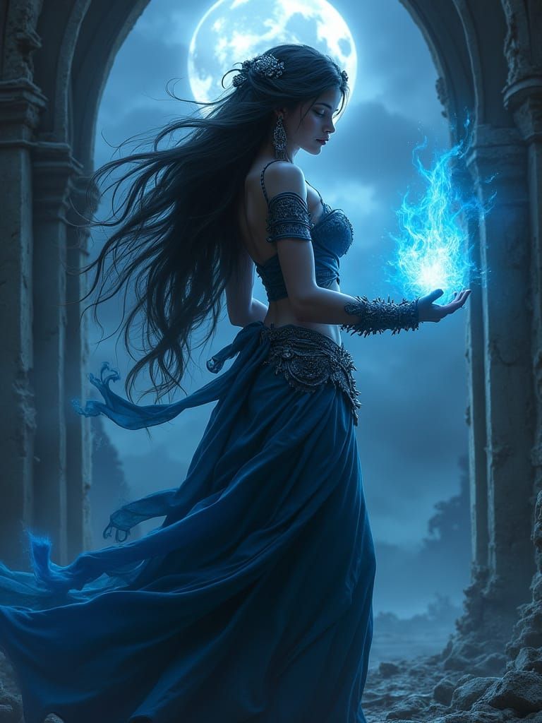 Jasmine as Dark Sorceress Conjures Blue Flames in Gothic Rui...