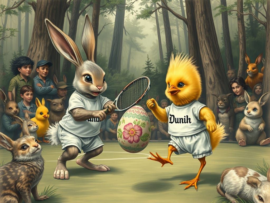 Bunny and Chick Tennis Match in Forest Arena