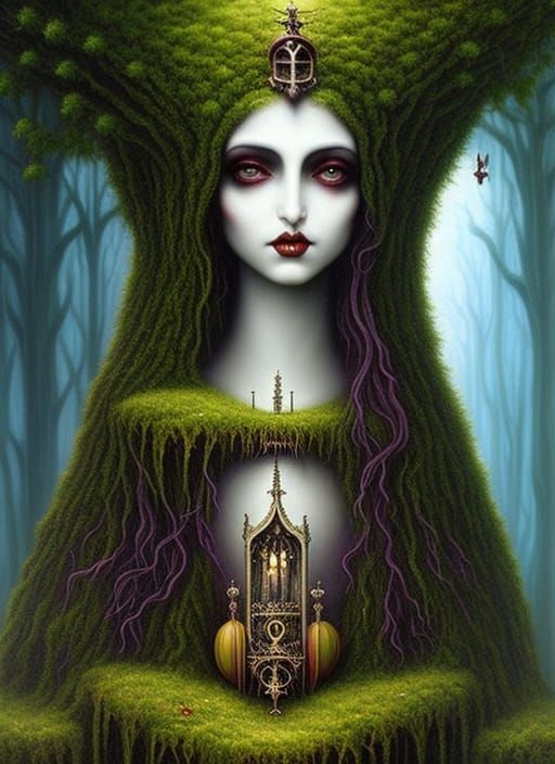 Whimsical Holy Grail Tree with Skull, Dark Fantasy Art