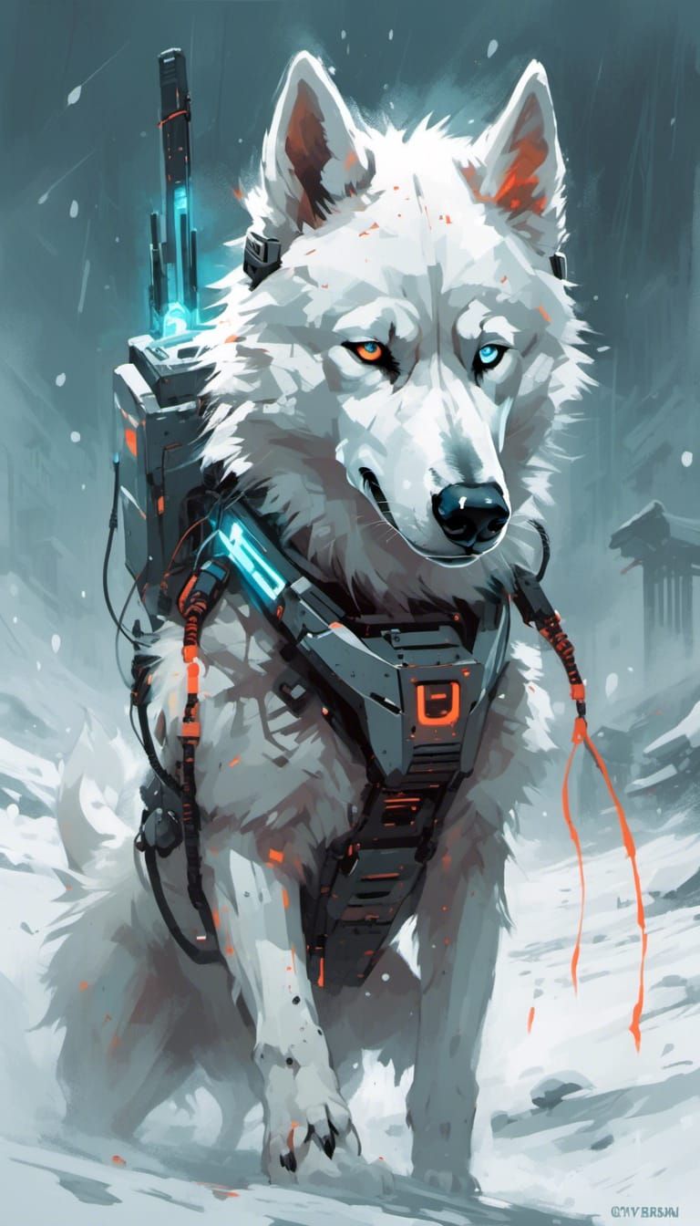 Cyberpunk Husky with Ice Powers in Blizzard