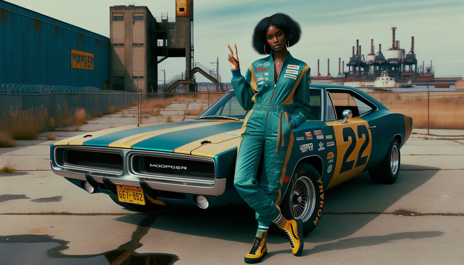 1973 Dodge Charger and a beautiful Girl wearing a teal racin...