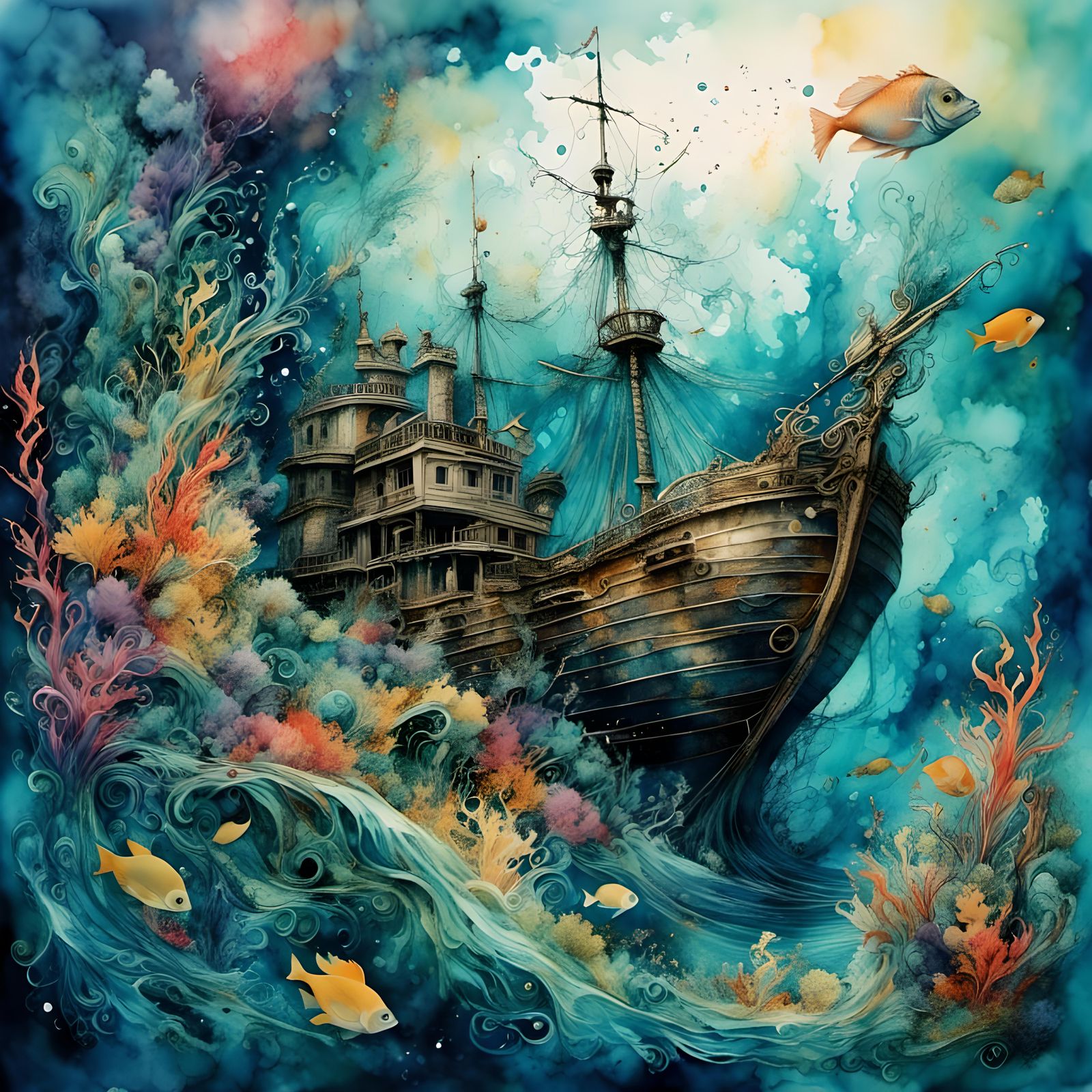 Underwater Shipwreck in Surreal Vibrant Watercolor