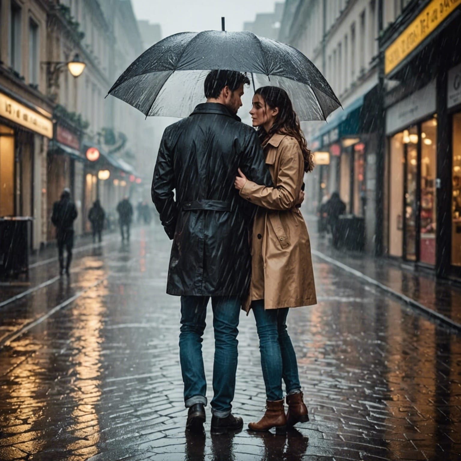 Lovers Embrace in Rainy Walk Under Umbrella