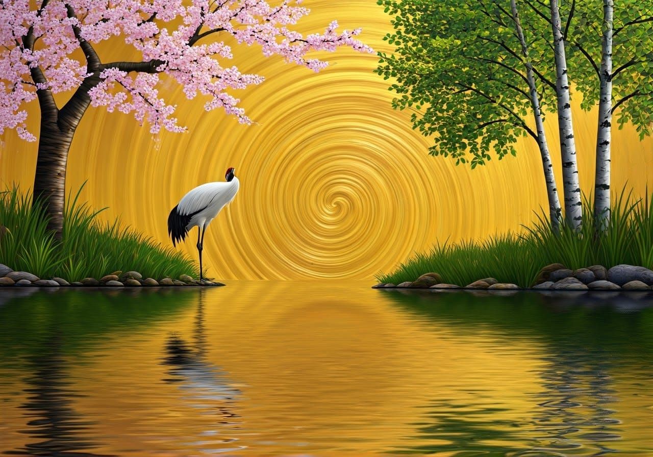 Crane and Cherry Blossoms in Impasto Style